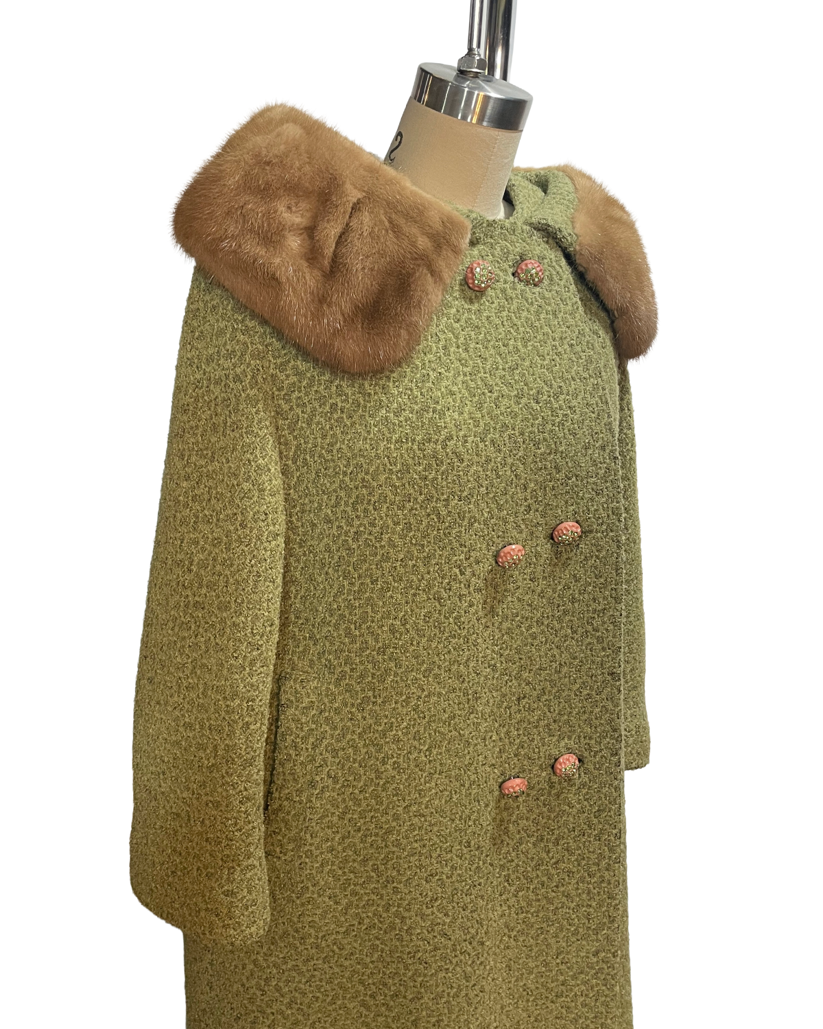 1960s Green Boucle Rhinestone Button Coat