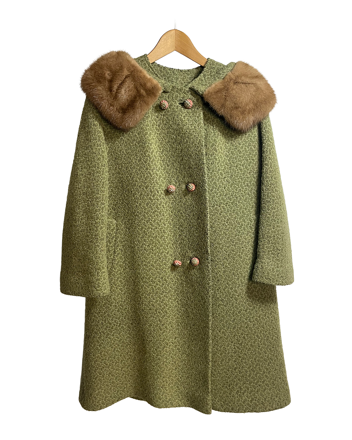 1960s Green Boucle Rhinestone Button Coat