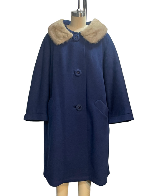 1960s Royal Blue Mink Collar Wool Swing Coat