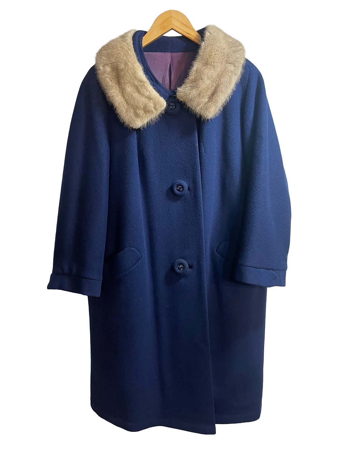 1960s Royal Blue Mink Collar Wool Swing Coat