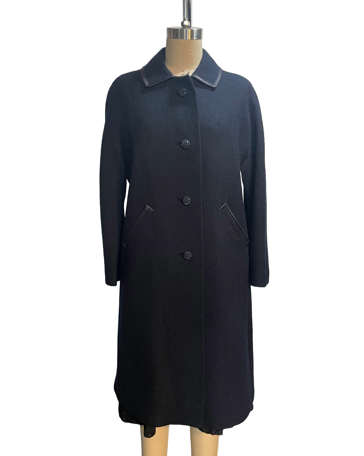 1960s Navy Wool Rhinestone Button Classic Coat