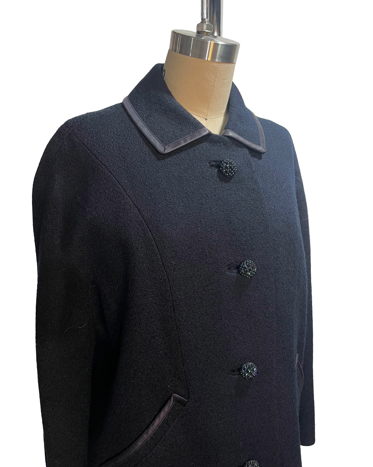 1960s Navy Wool Rhinestone Button Classic Coat