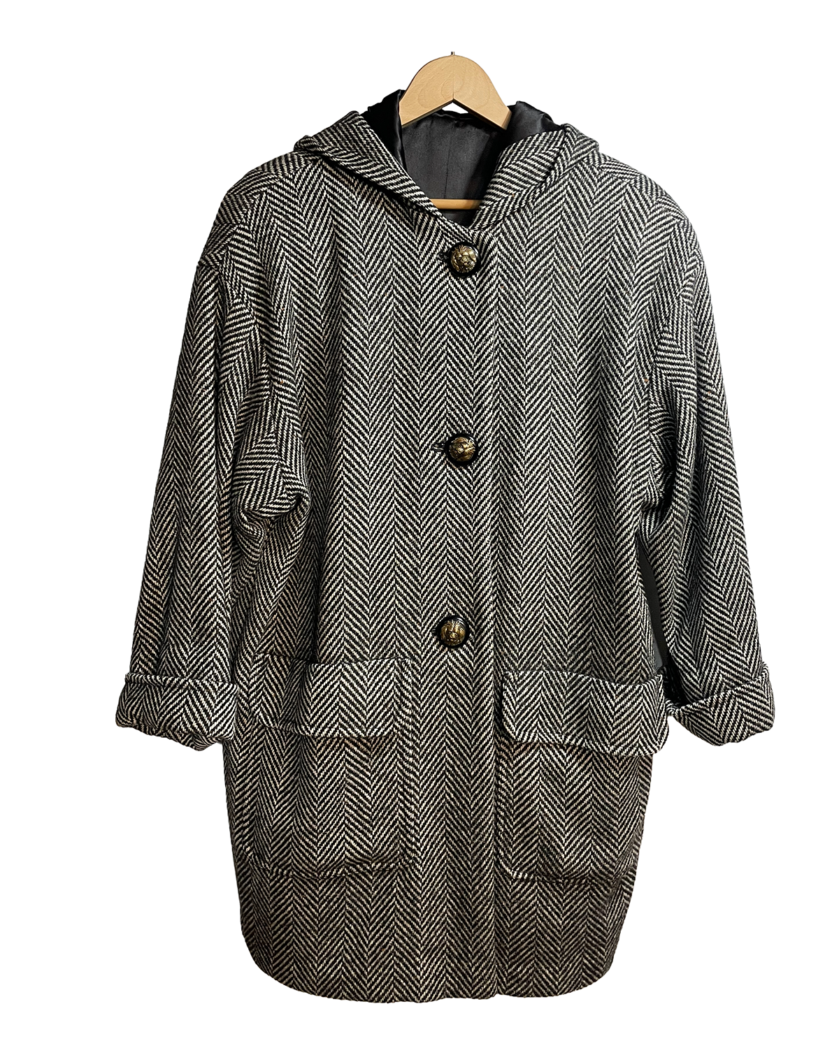 1980s Black White Herringbone Hooded Lion Button Wool Coat