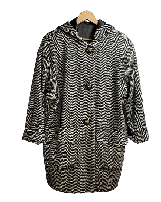 1980s Black White Herringbone Hooded Lion Button Wool Coat