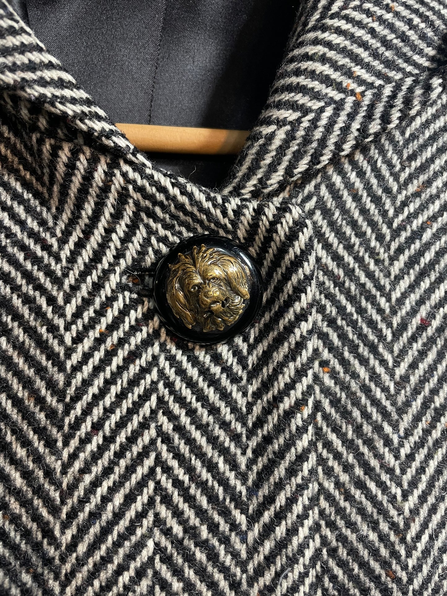 1980s Black White Herringbone Hooded Lion Button Wool Coat