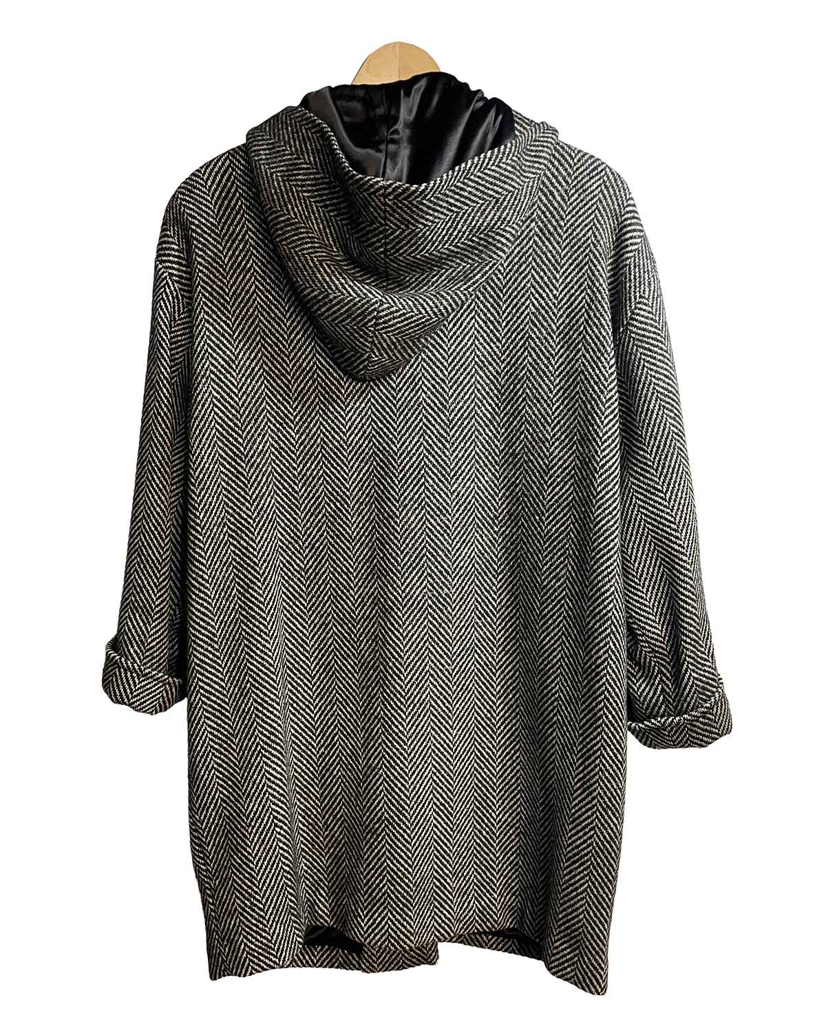 1980s Black White Herringbone Hooded Lion Button Wool Coat