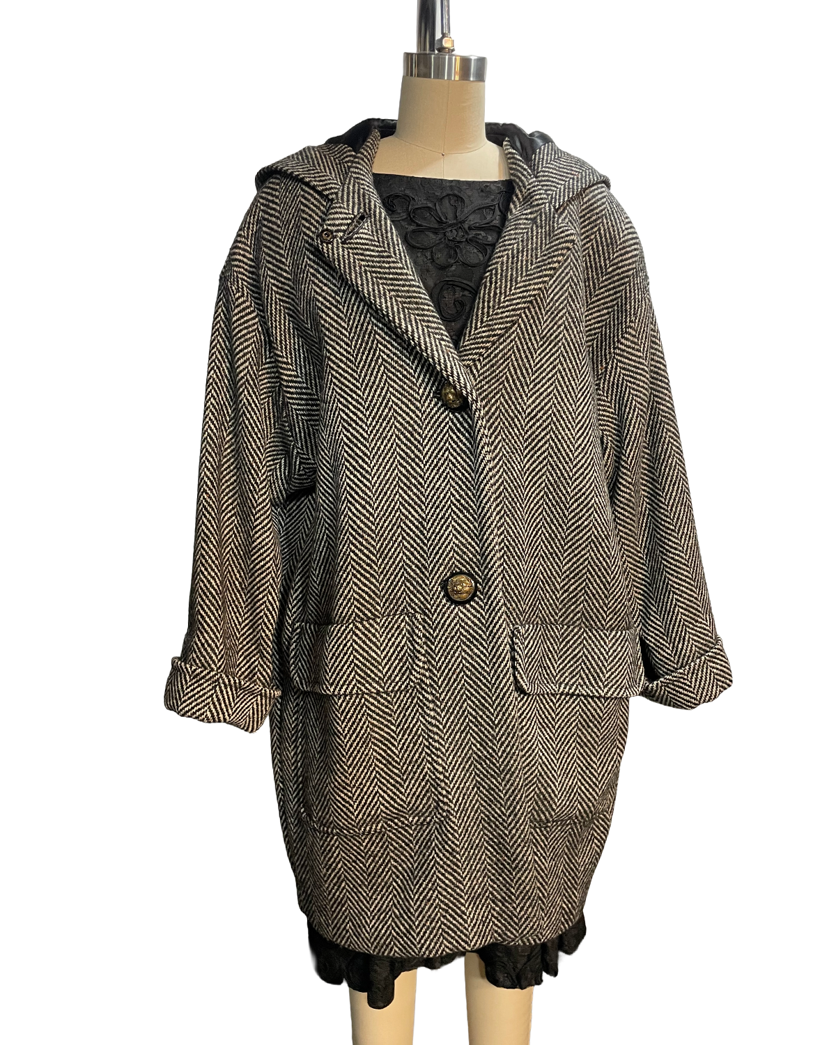 1980s Black White Herringbone Hooded Lion Button Wool Coat