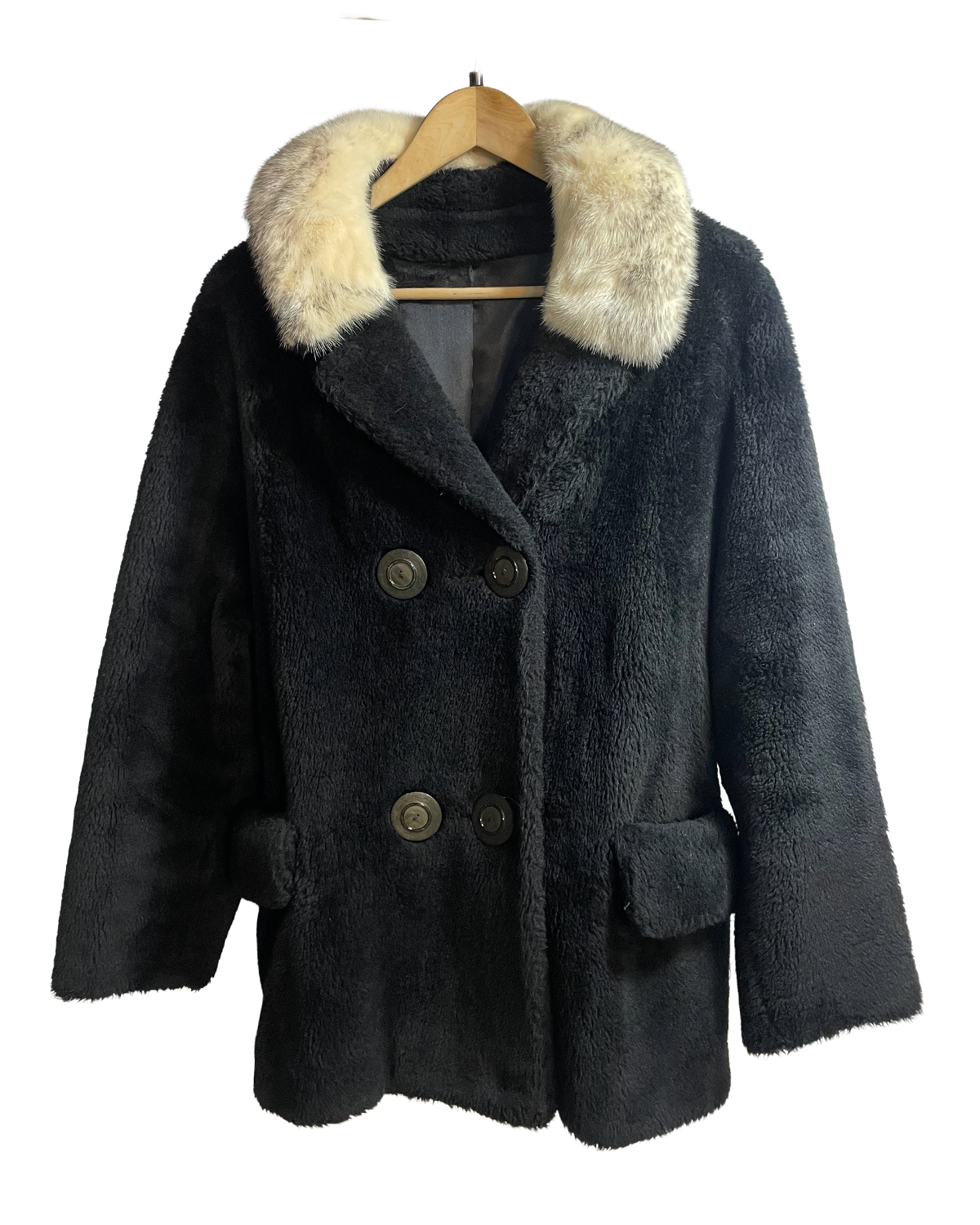 1970s Black Fleece Rabbit Fur Collar Double Breasted Crop Coat