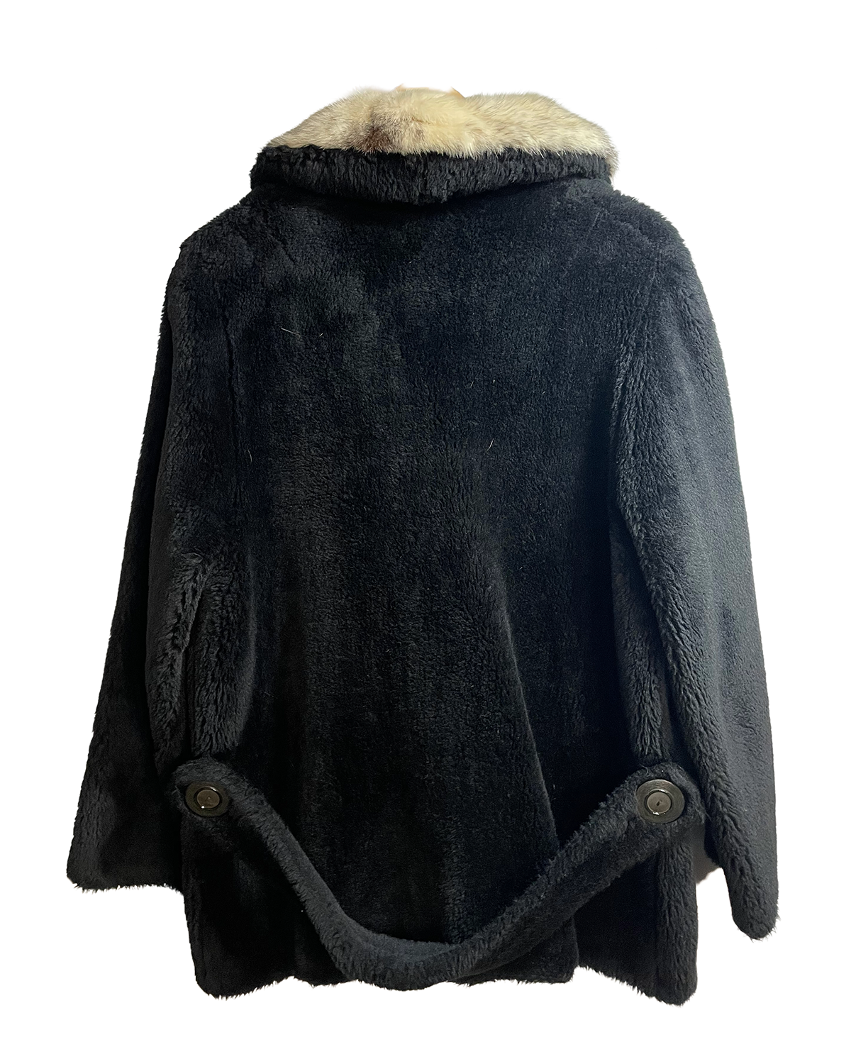 1970s Black Fleece Rabbit Fur Collar Double Breasted Crop Coat
