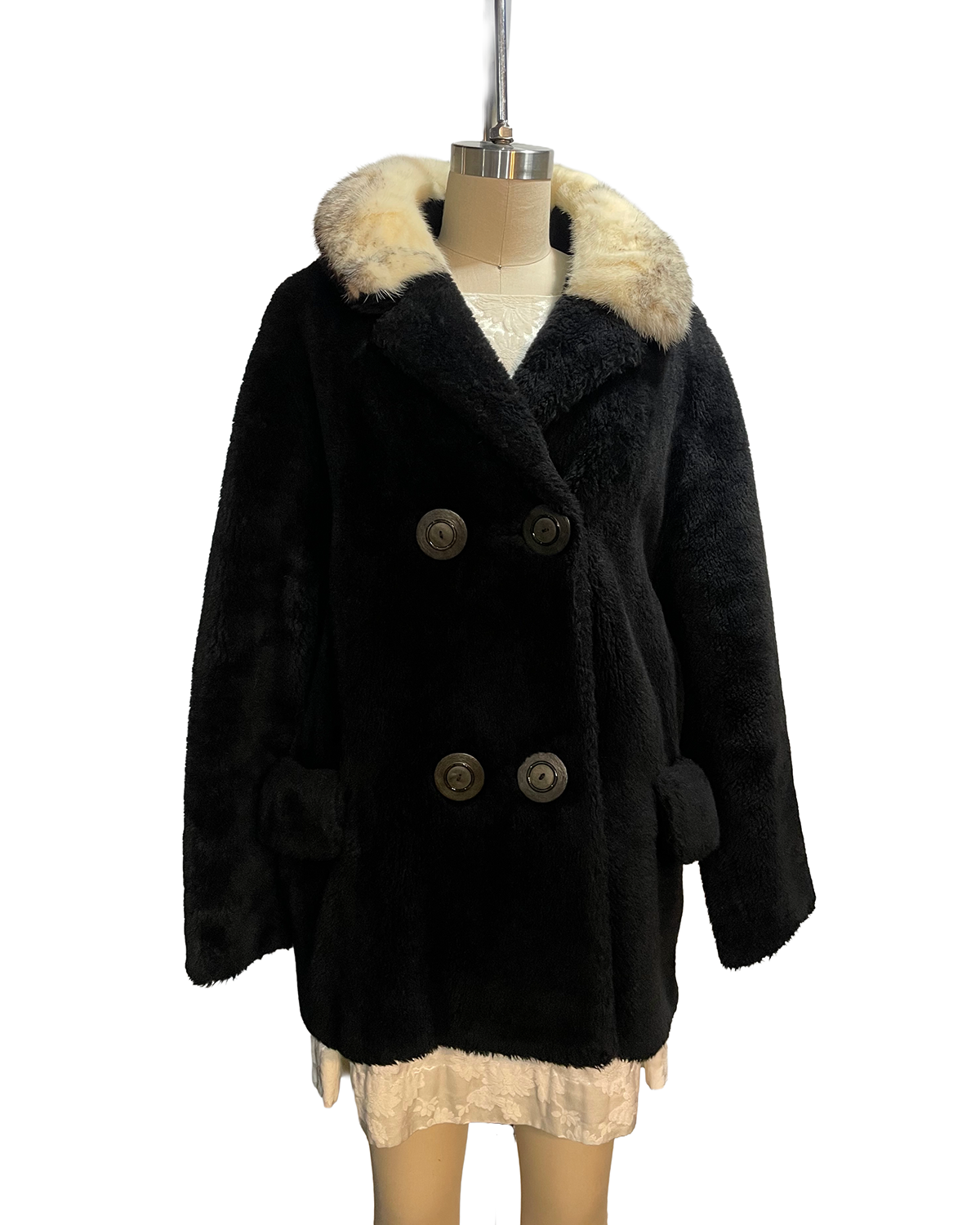 1970s Black Fleece Rabbit Fur Collar Double Breasted Crop Coat