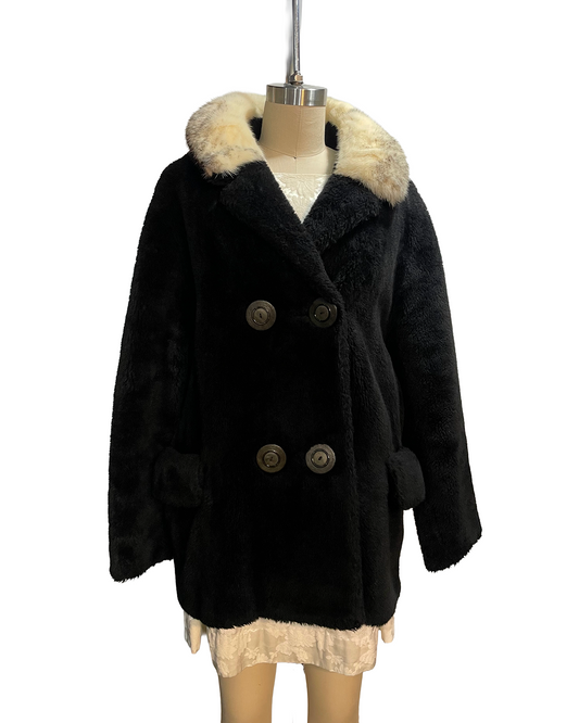1970s Black Fleece Rabbit Fur Collar Double Breasted Crop Coat