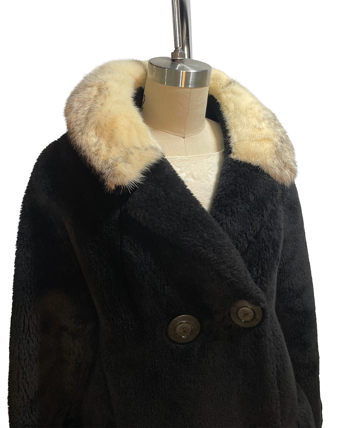1970s Black Fleece Rabbit Fur Collar Double Breasted Crop Coat