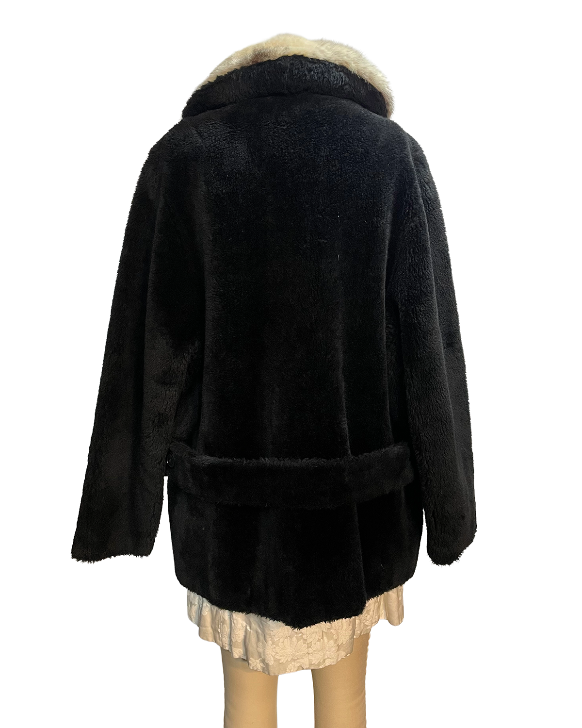 1970s Black Fleece Rabbit Fur Collar Double Breasted Crop Coat