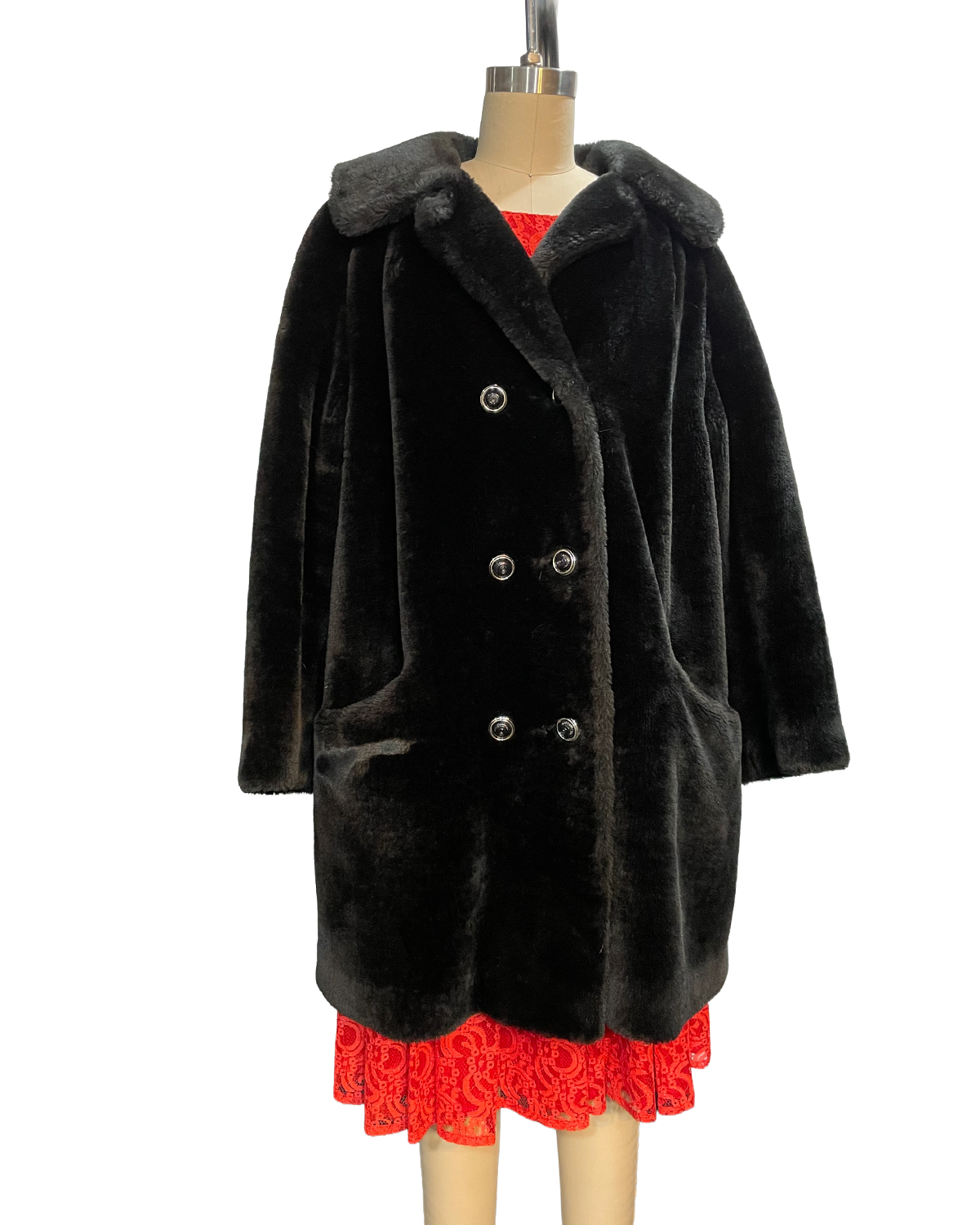 1970s Black Faux Fur Double Breasted Coat