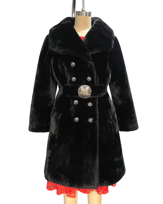 1960s Black Faux Fur Coat with Belt Accent