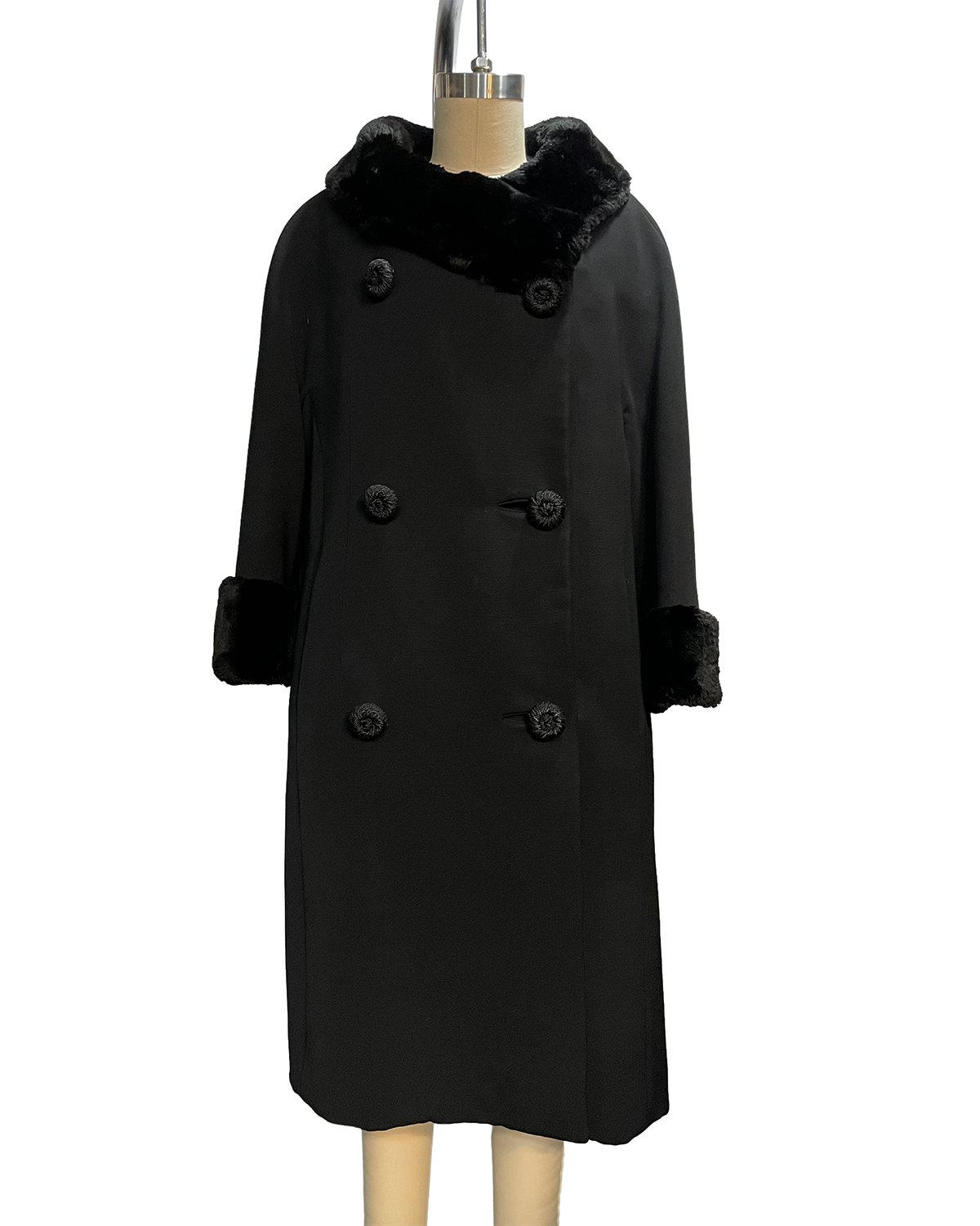 1960s Black Mouton Fur Trim Double-Breasted Swing Coat