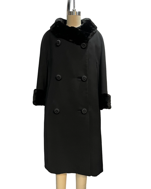 1960s Black Mouton Fur Trim Double-Breasted Swing Coat