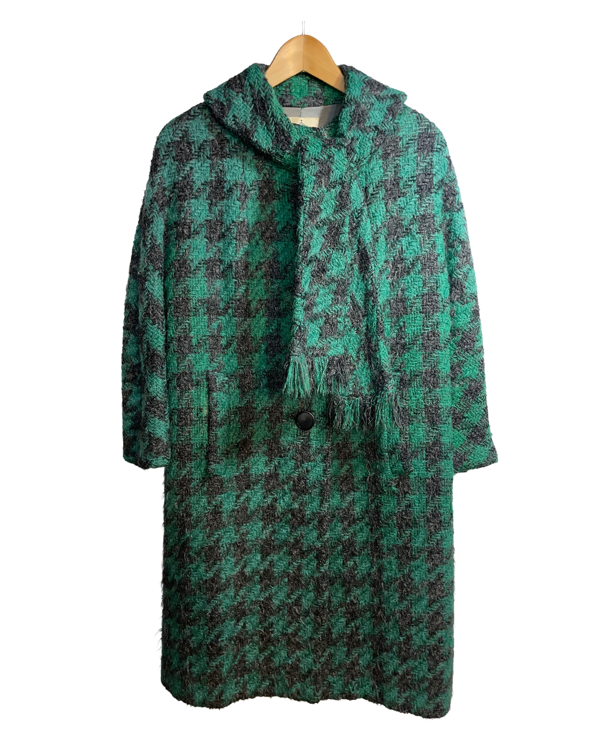 1960s Green Black Woldenberg's Wool Attached Scarf Coat