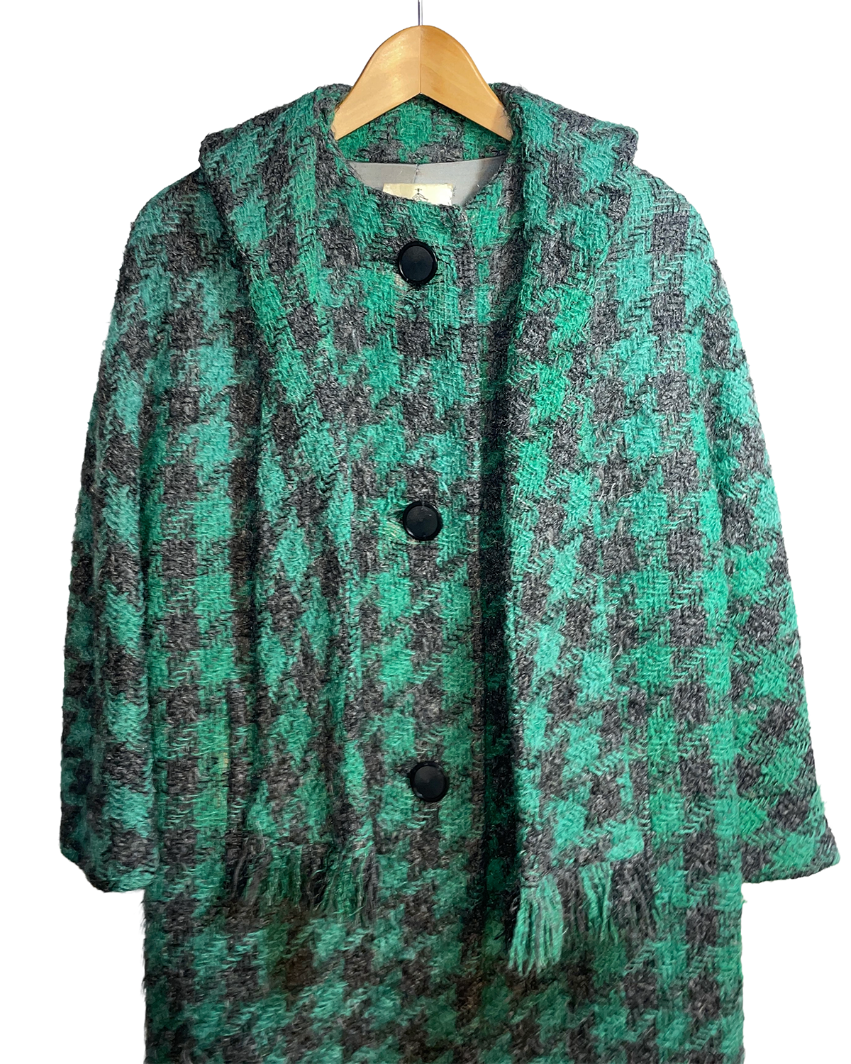 1960s Green Black Woldenberg's Wool Attached Scarf Coat