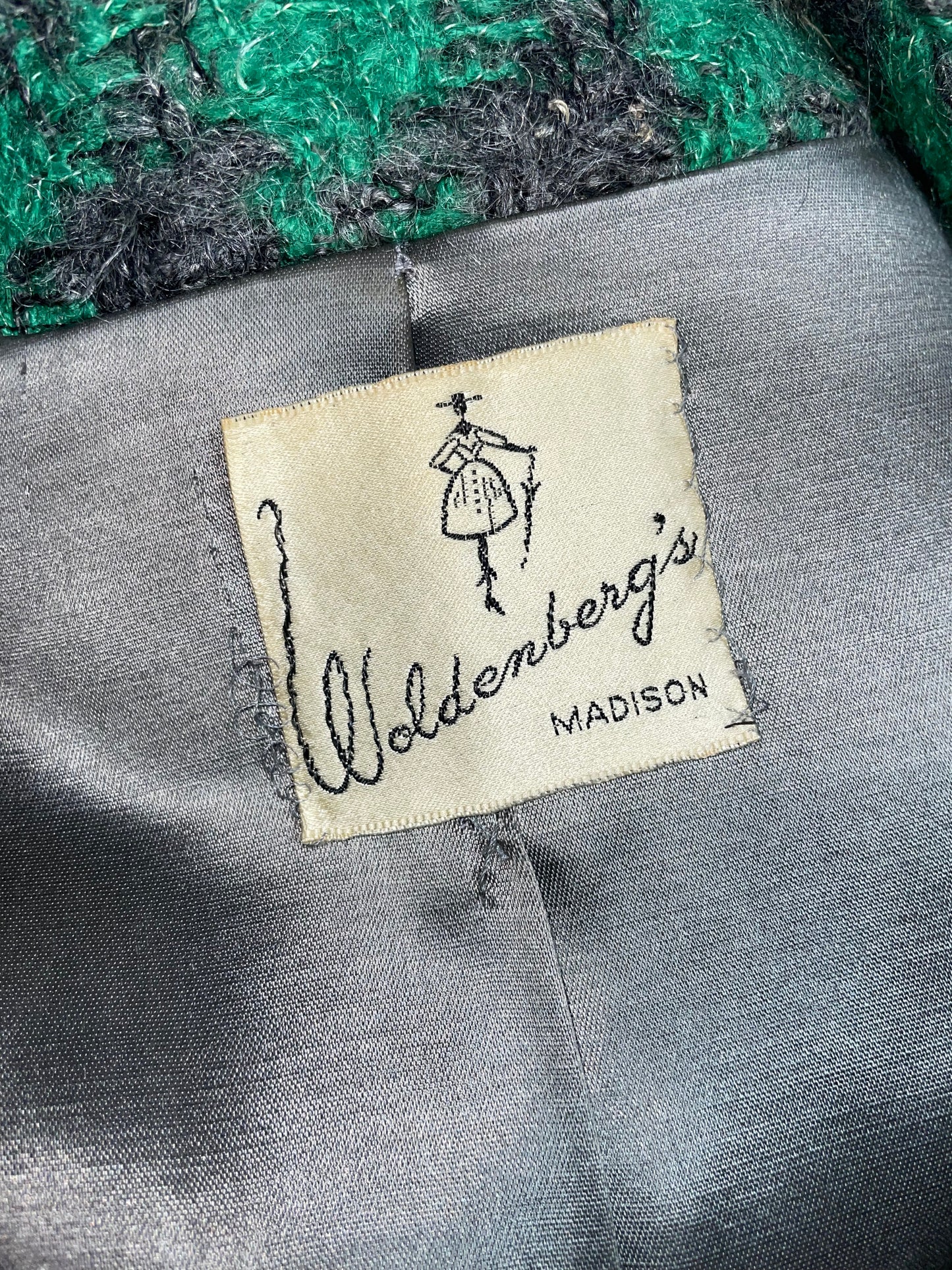 1960s Green Black Woldenberg's Wool Attached Scarf Coat