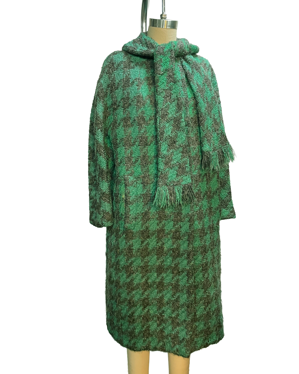 1960s Green Black Woldenberg's Wool Attached Scarf Coat