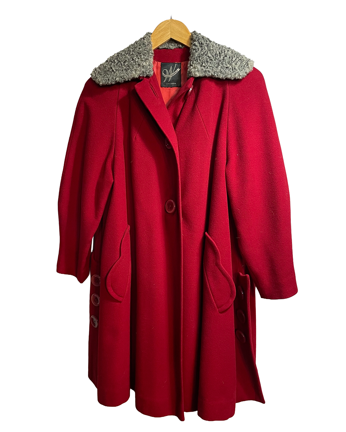 1940s Crimson Wool Grey Sheep Fur Trim Swing Coat