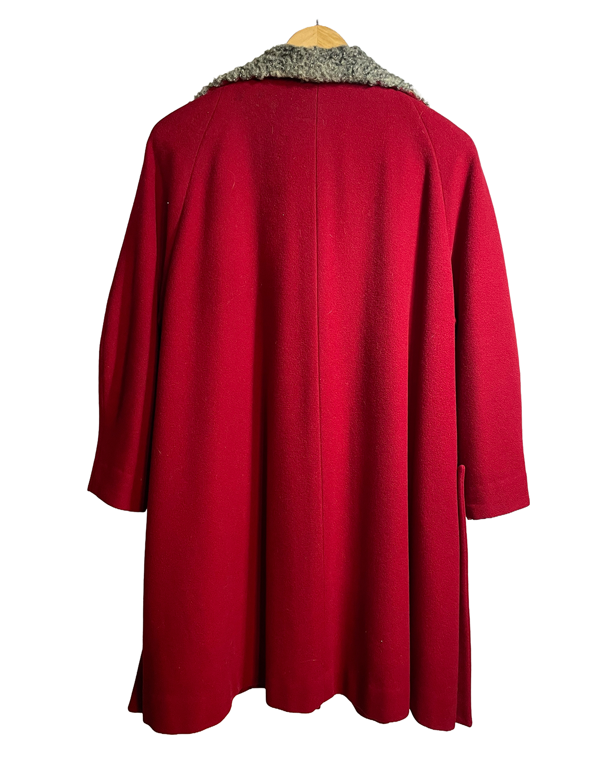 1940s Crimson Wool Grey Sheep Fur Trim Swing Coat