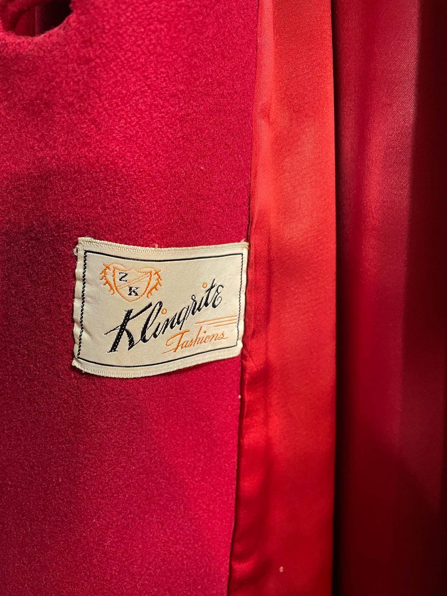 1940s Crimson Wool Grey Sheep Fur Trim Swing Coat