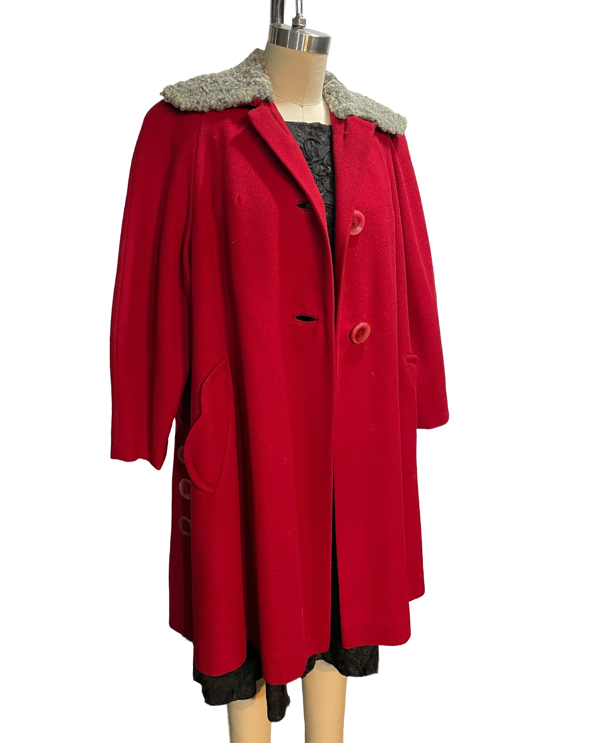 1940s Crimson Wool Grey Sheep Fur Trim Swing Coat
