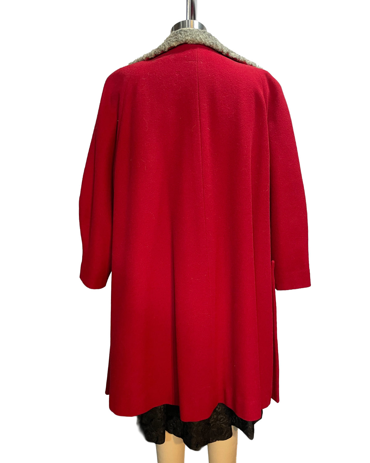 1940s Crimson Wool Grey Sheep Fur Trim Swing Coat