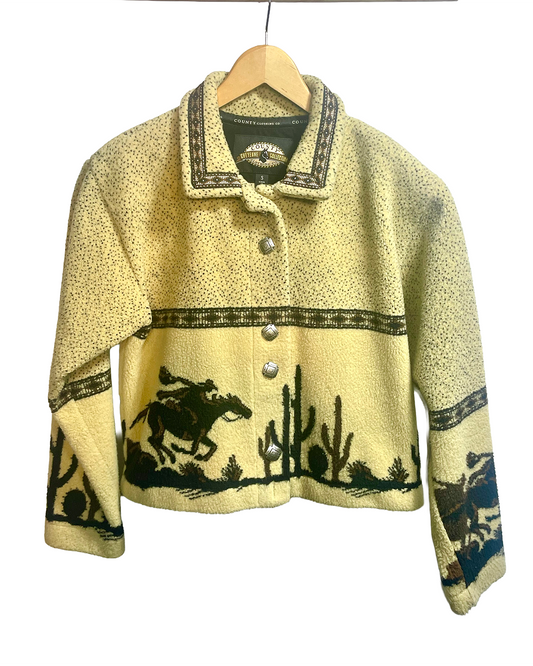 1990s Cream AOP Western Desert Scene Fleece Silver Concho Button Crop Jacket