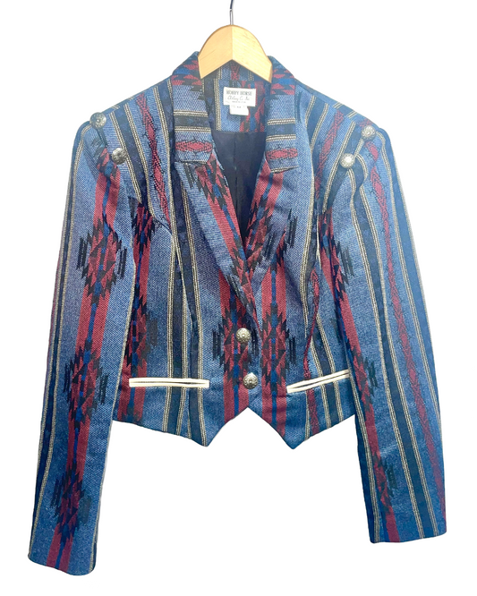 1980s Red Blue Cotton Tapestry Blanket Concho Button Crop Western Bolero Jacket