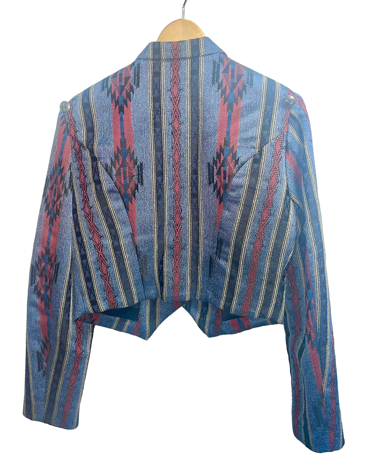 1980s Red Blue Cotton Tapestry Blanket Concho Button Crop Western Bolero Jacket
