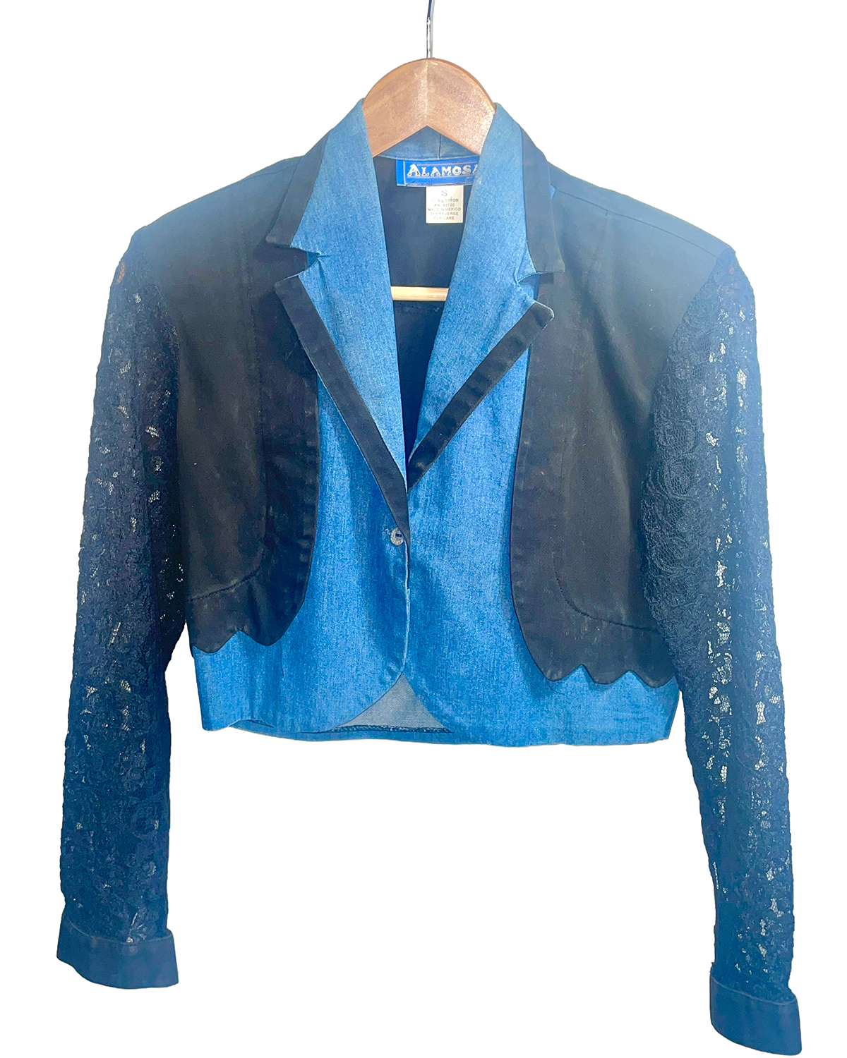 1980s Black Denim Lace Sleeves ‘Alamo’ Western Cropped Jacket