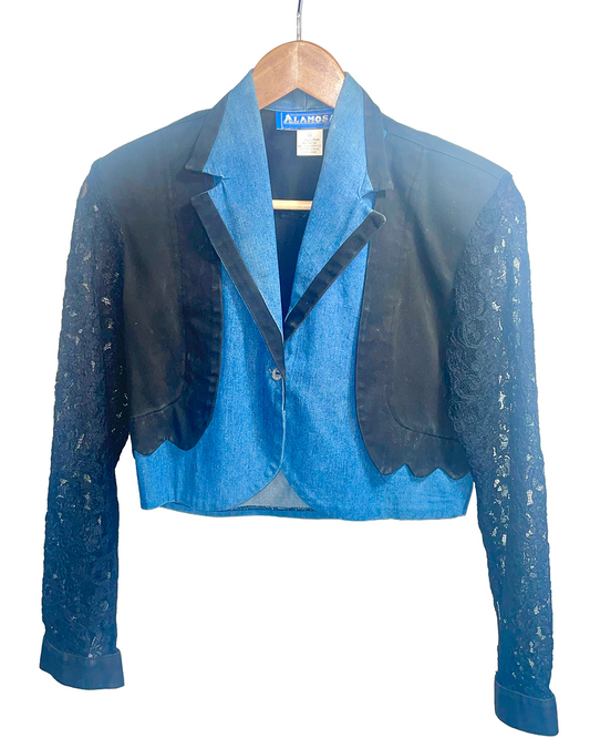 1980s Black Denim Lace Sleeves ‘Alamo’ Western Cropped Jacket