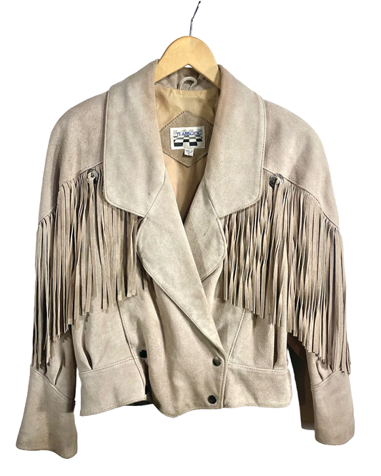 1980s Taupe Long Shag Fringe Double-Breasted Crop Leather Jacket