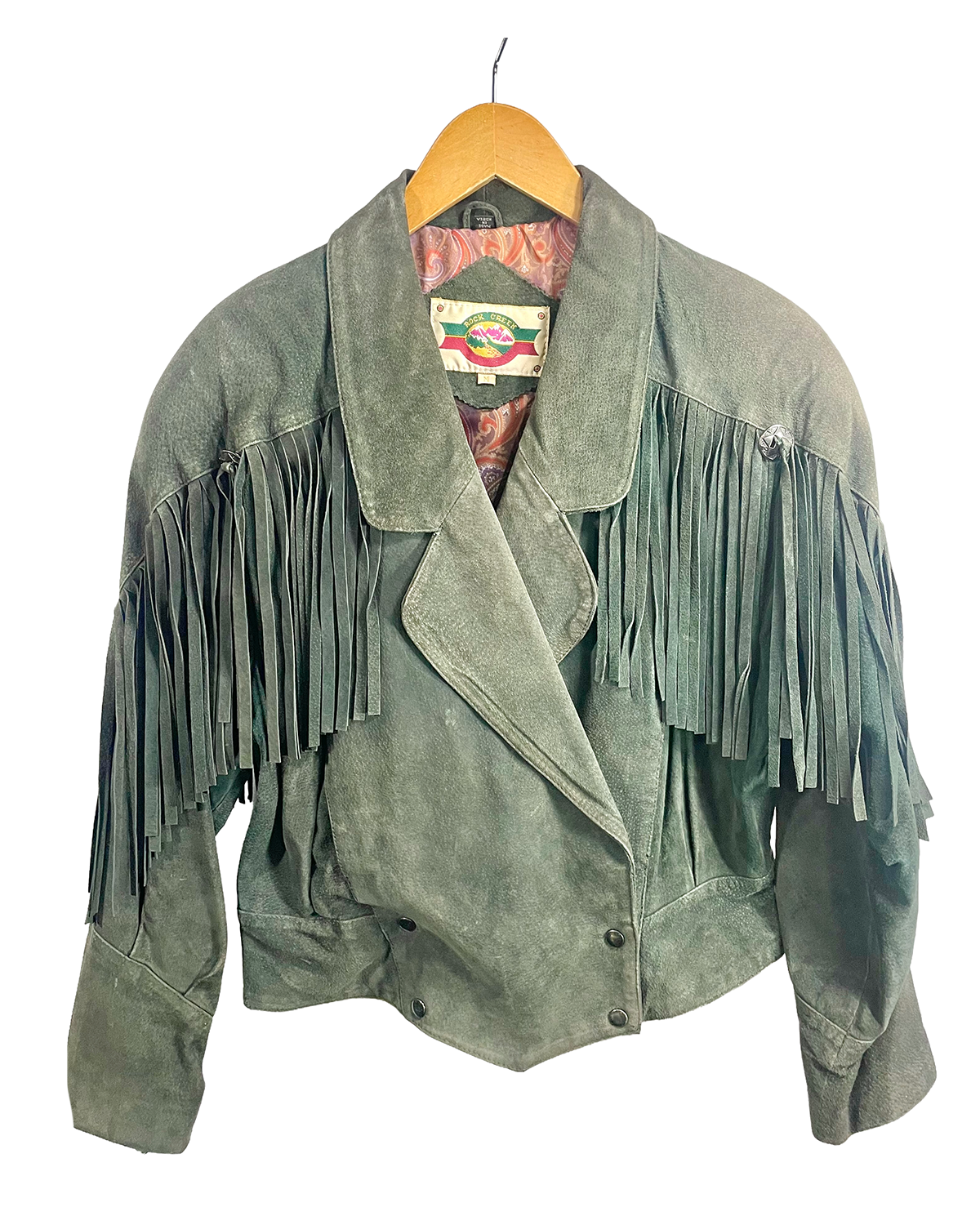 1980s Hunter Green Long Shag Fringe Double-Breasted Crop Leather Jacket