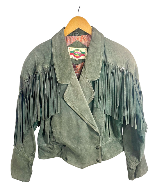 1980s Hunter Green Long Shag Fringe Double-Breasted Crop Leather Jacket