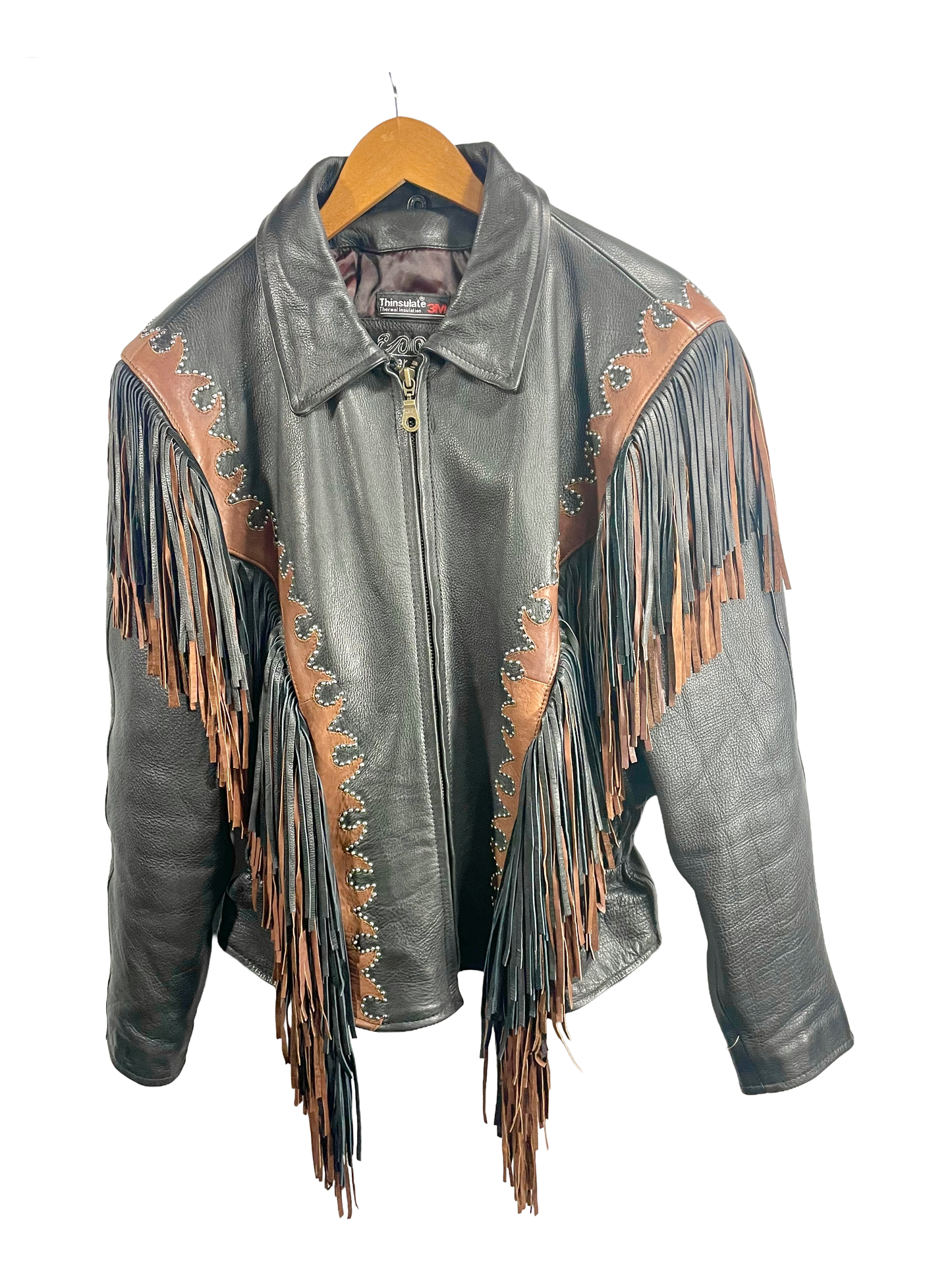 1990s Black Brown Pebbled Leather Studded Fringe Cinch Waisted Insulated Leather Jacket