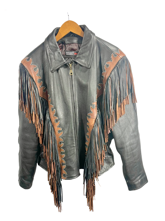 1990s Black Brown Pebbled Leather Studded Fringe Cinch Waisted Insulated Leather Jacket