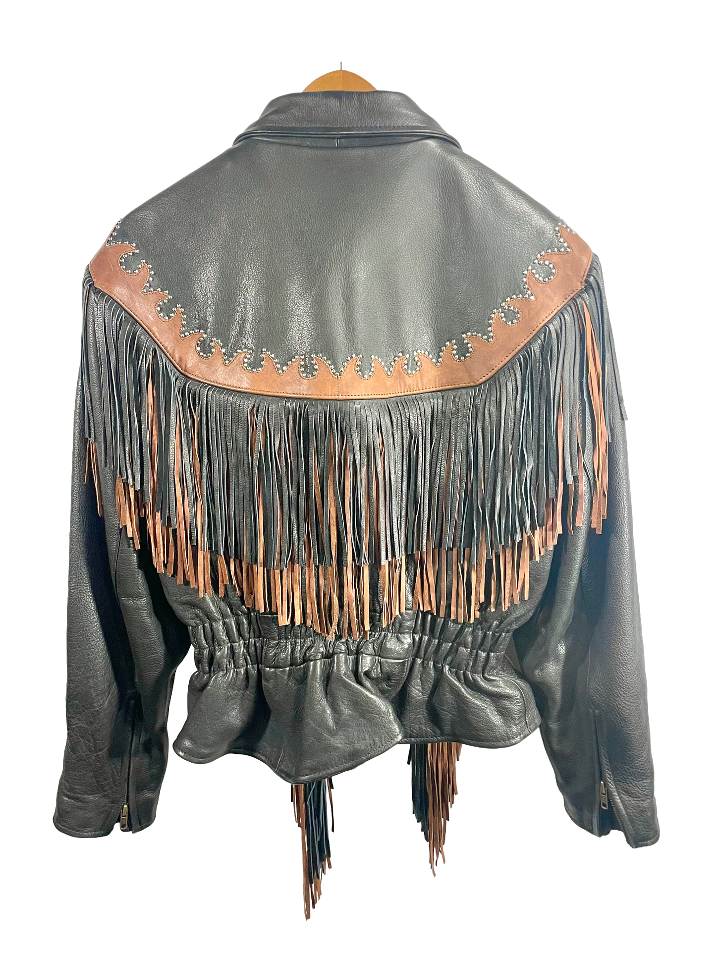 1990s Black Brown Pebbled Leather Studded Fringe Cinch Waisted Insulated Leather Jacket