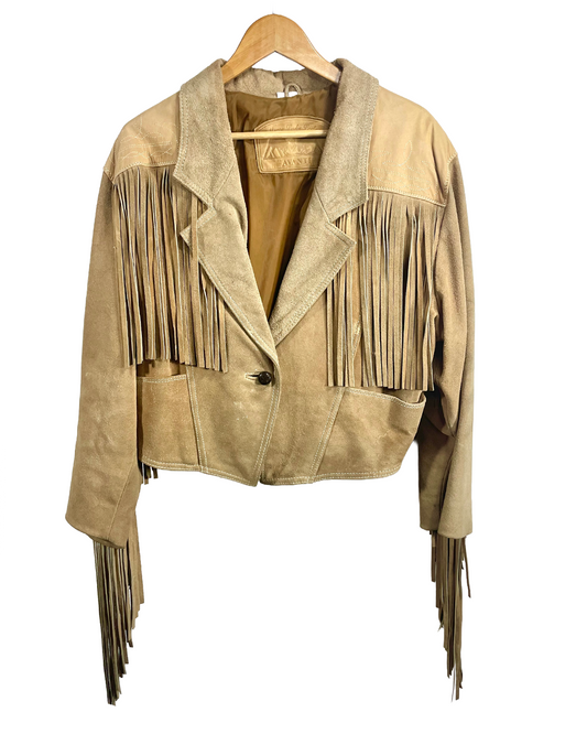 1980s Tan Suede Long Shag Fringe Notch Lapel Crop Leather Jacket