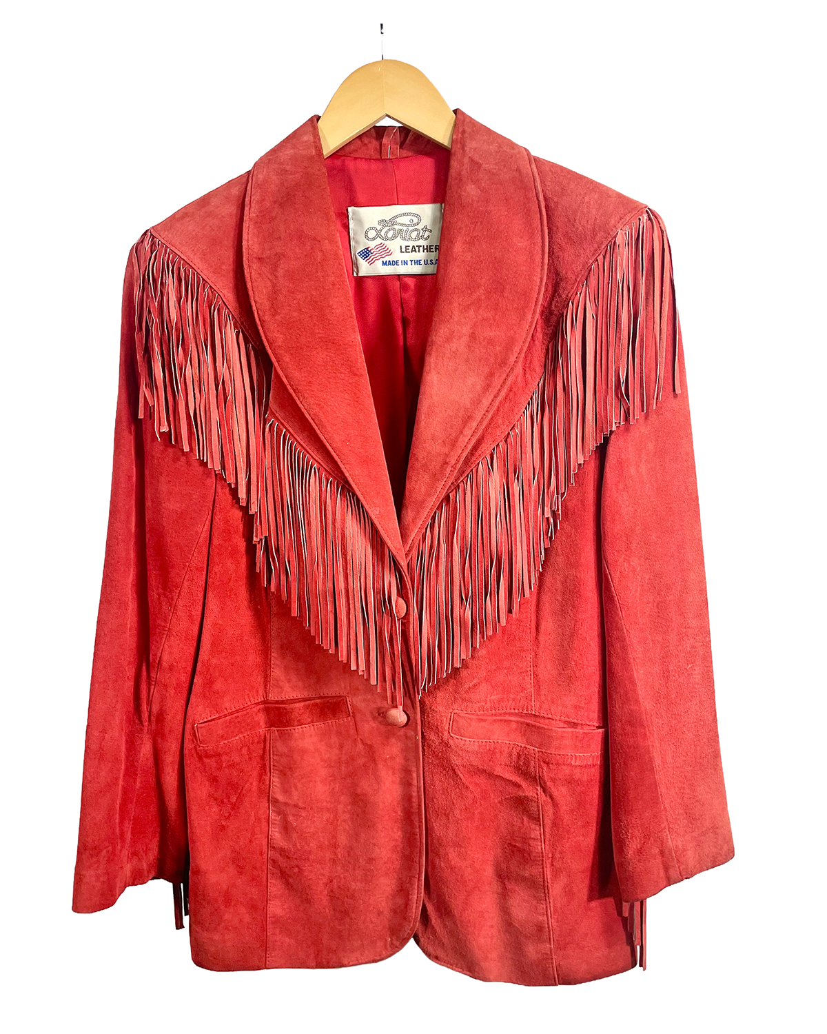 1980s Red Suede LARIAT LEATHERS Shag Fringe Shawl Lapel Blazer