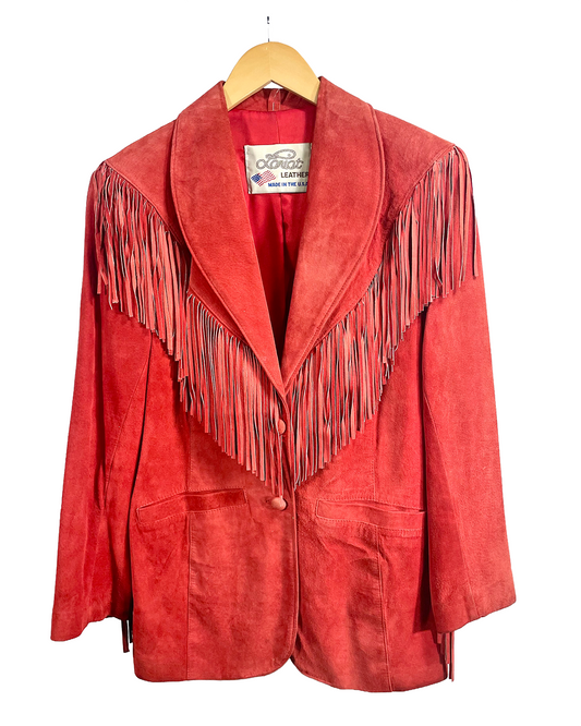 1980s Red Suede LARIAT LEATHERS Shag Fringe Shawl Lapel Blazer