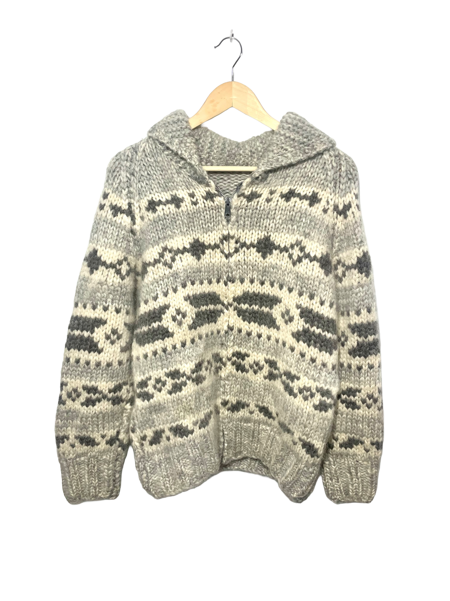 1970s Cream Grey Wool Cowichan Zip Cardigan