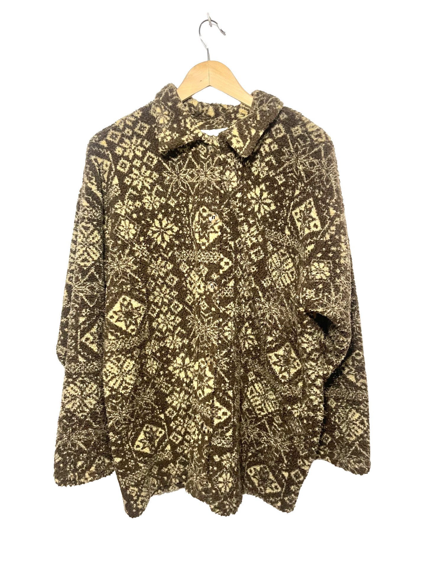 1990s Brown ‘Paris Sport Club’ Tapestry Print Fleece Shacket