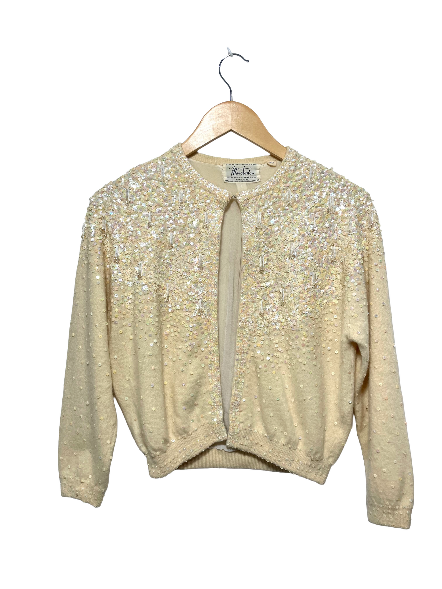 1960s Ivory Hong Kong Beadwork Angora-Blend Cardigan