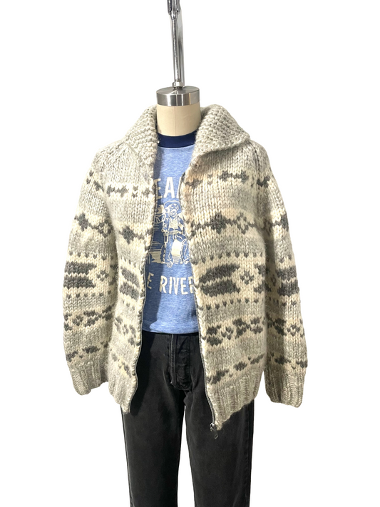 1970s Cream Grey Wool Cowichan Zip Cardigan