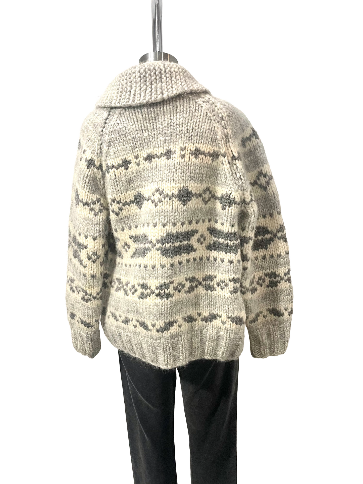 1970s Cream Grey Wool Cowichan Zip Cardigan