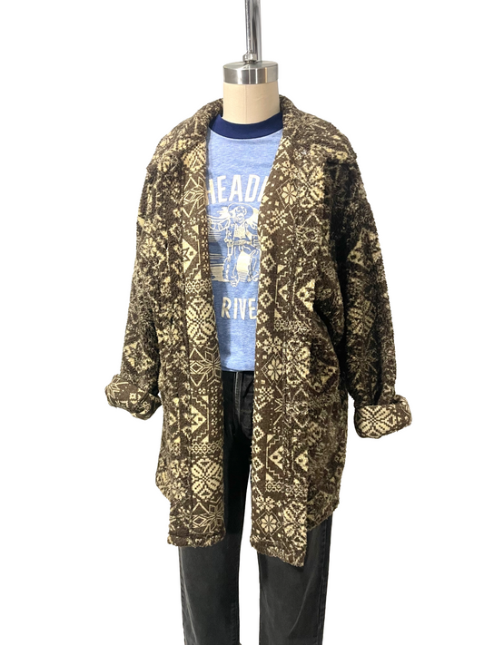 1990s Brown ‘Paris Sport Club’ Tapestry Print Fleece Shacket